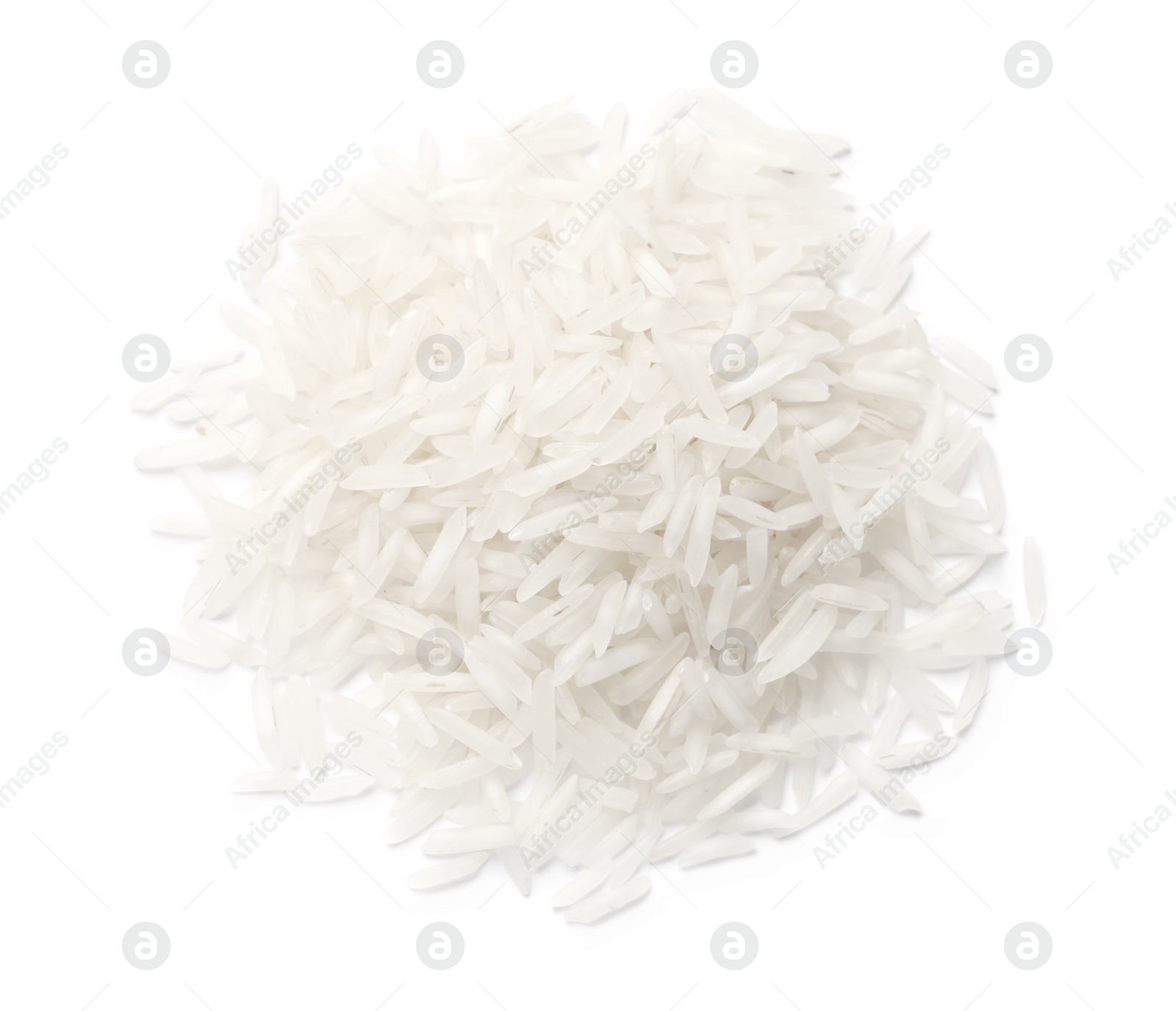 Photo of Pile of raw basmati rice isolated on white, top view