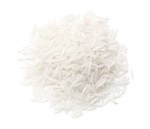 Photo of Pile of raw basmati rice isolated on white, top view