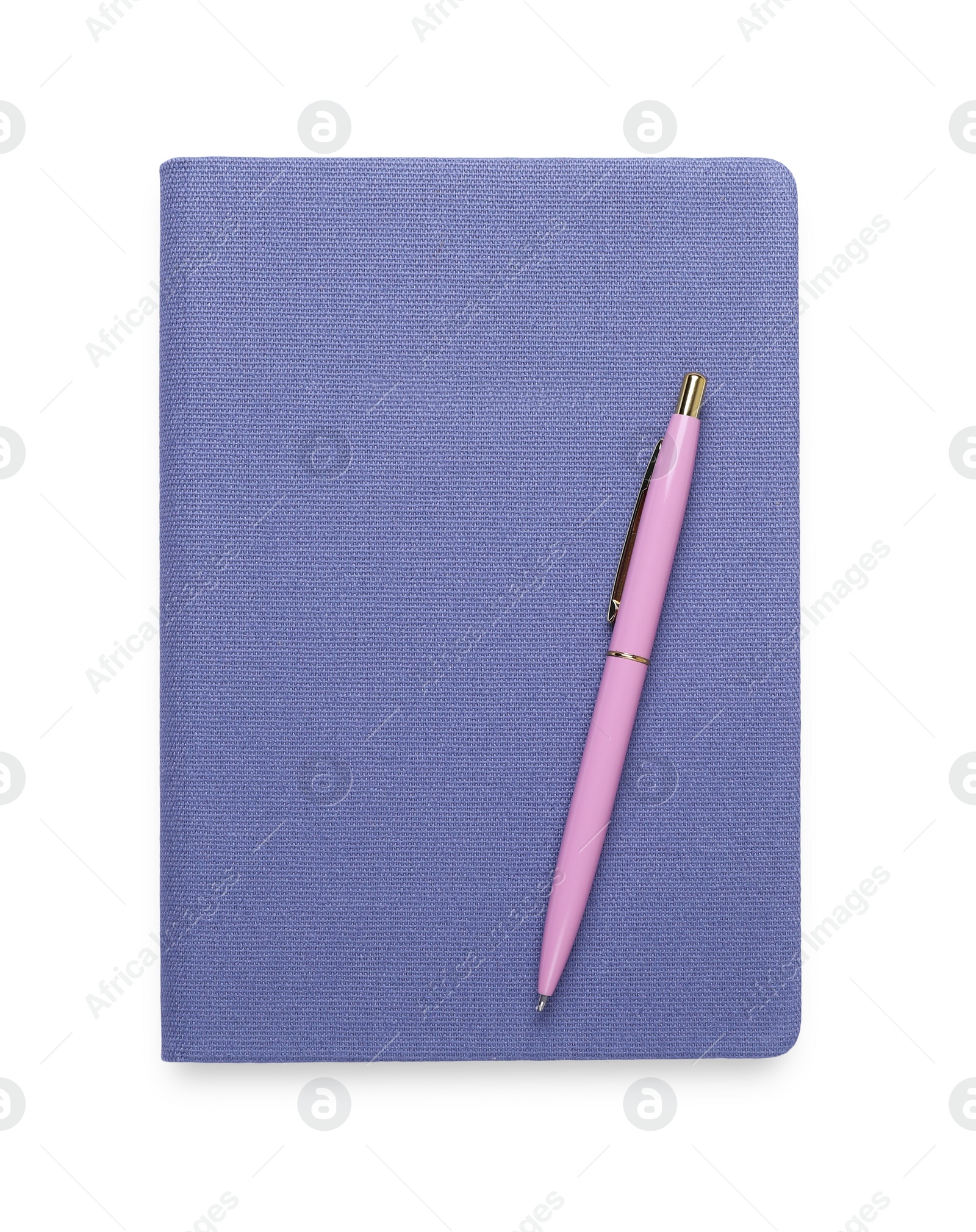 Photo of Closed office notebook and pen isolated on white, top view