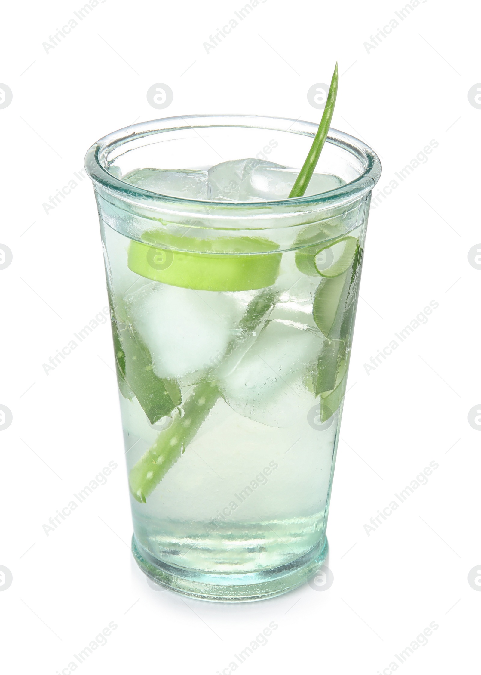 Photo of Fresh aloe drink with ice cubes in glass isolated on white