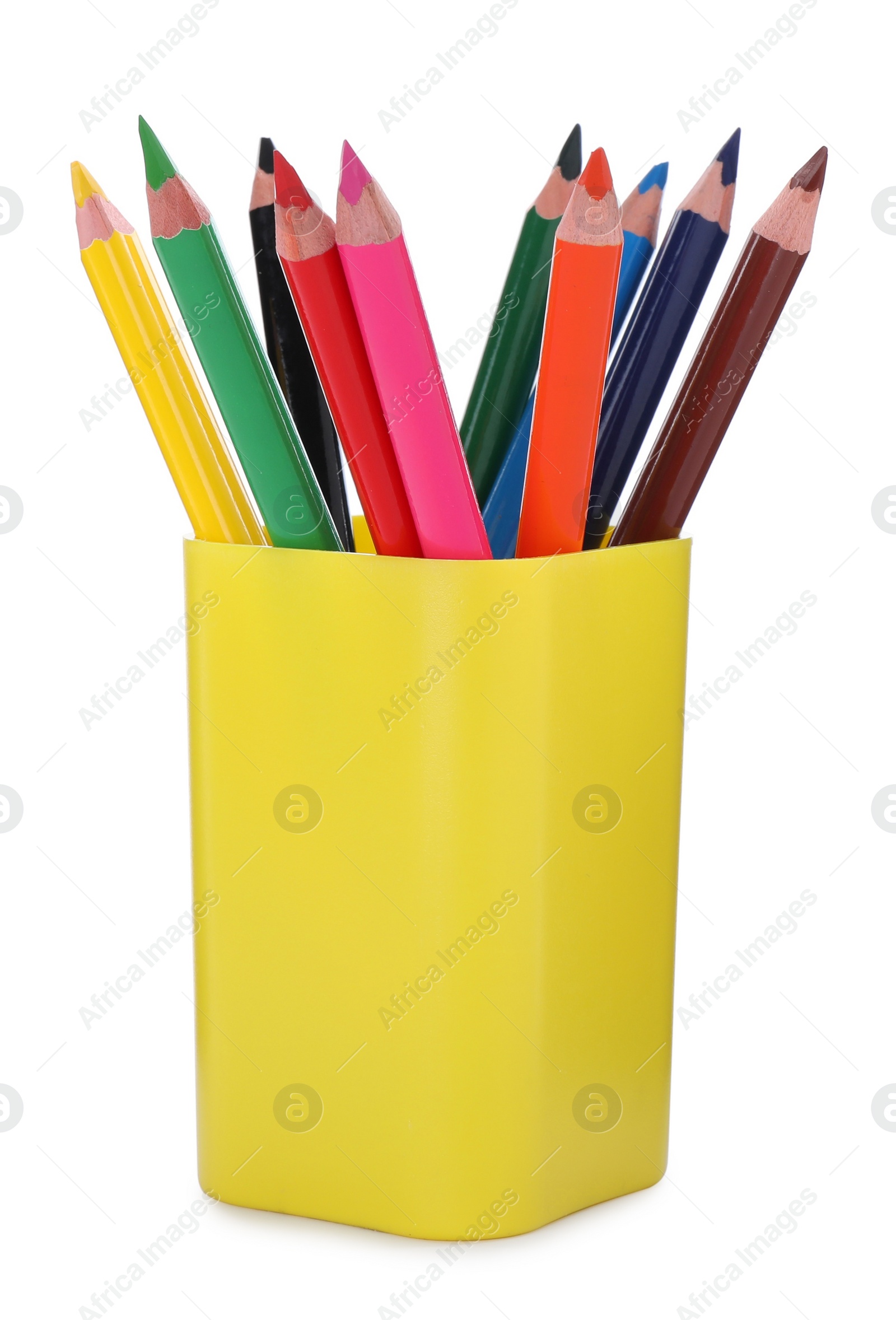 Photo of Holder with colorful pencils on white background