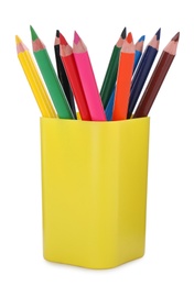 Holder with colorful pencils on white background