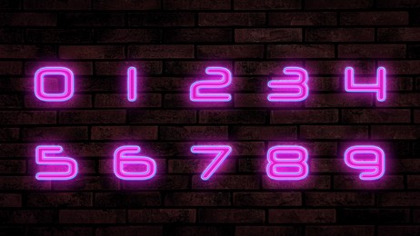 Image of Glowing neon number signs on brick wall