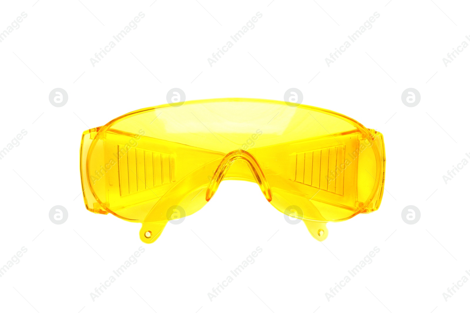 Photo of Protective goggles on white background. Safety equipment