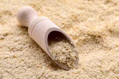 Photo of Wooden scoop of brewer`s yeast on flakes, closeup