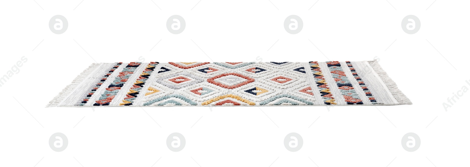 Photo of Soft carpet with beautiful geometric pattern isolated on white