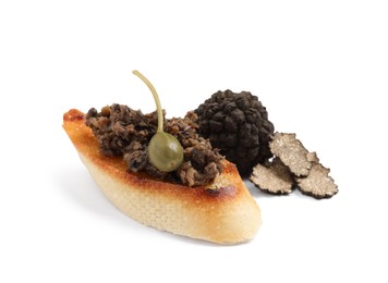 Tasty bruschetta with truffle paste and caper on white background
