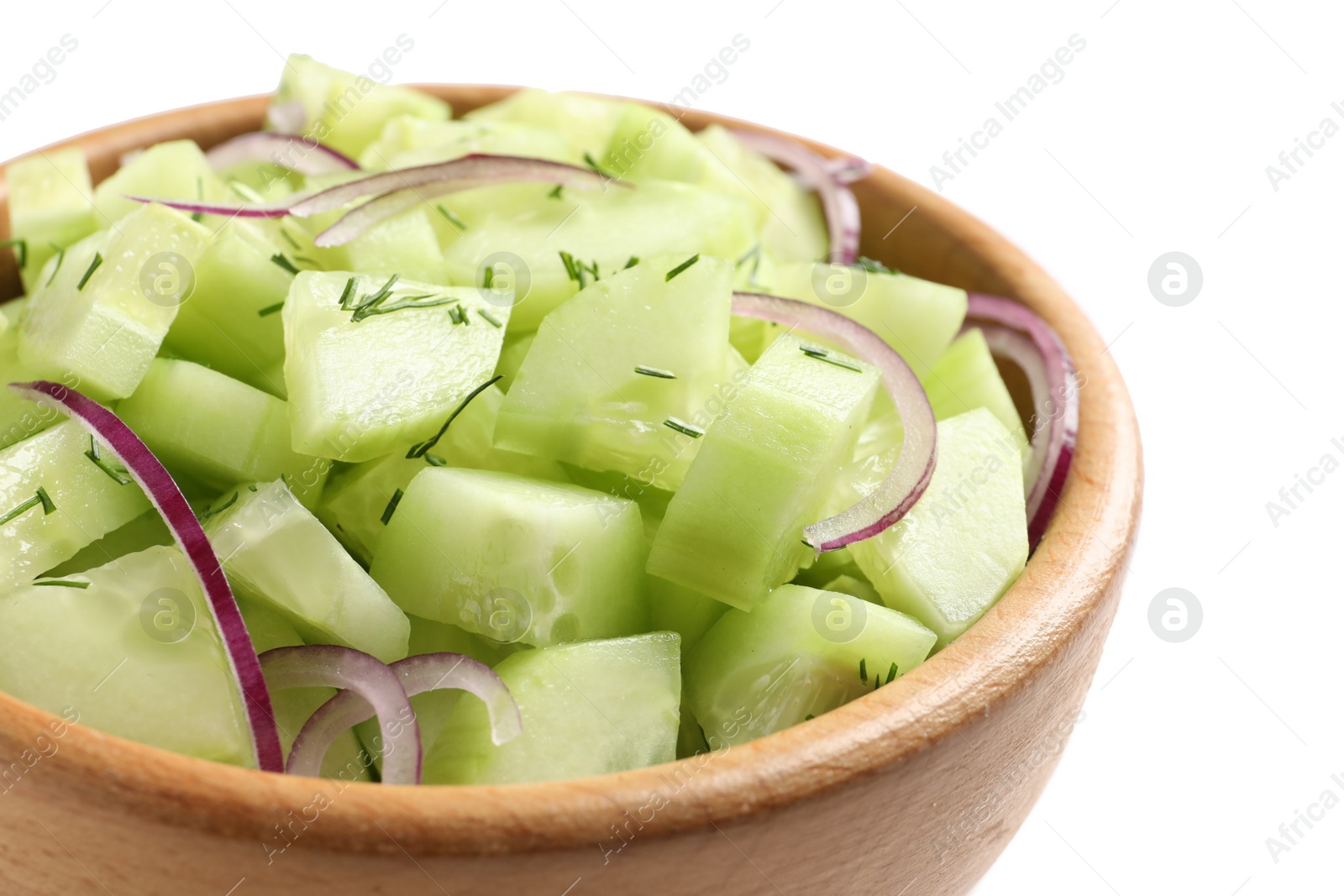 Photo of Delicious cucumber salad with onion in bowl on white background, closeup