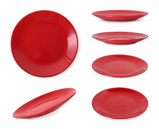 Image of Red ceramic plate isolated on white, set with different views