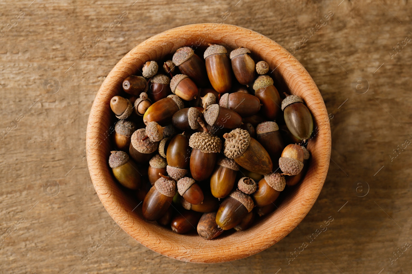 Photo of Bowl of acorns on wooden table, top view