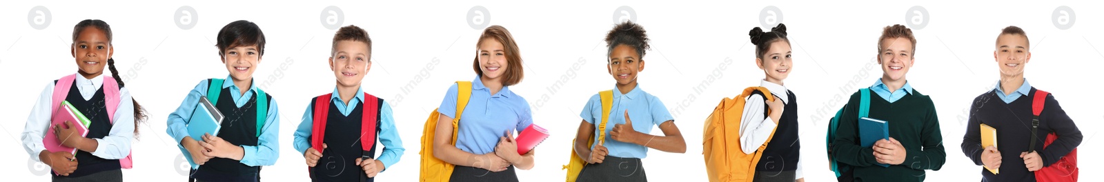 Image of Children in school uniforms on white background. Banner design