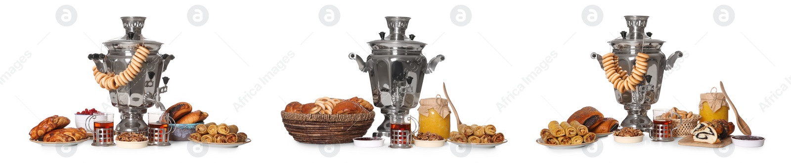 Image of Traditional Russian samovars and treats on white background, collage. Banner design