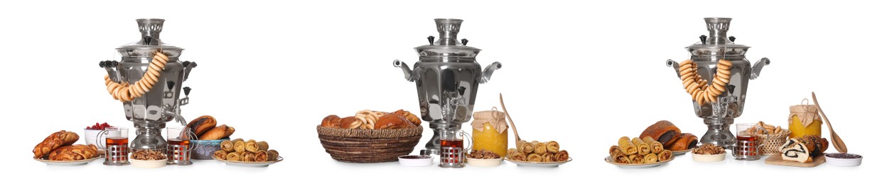 Traditional Russian samovars and treats on white background, collage. Banner design