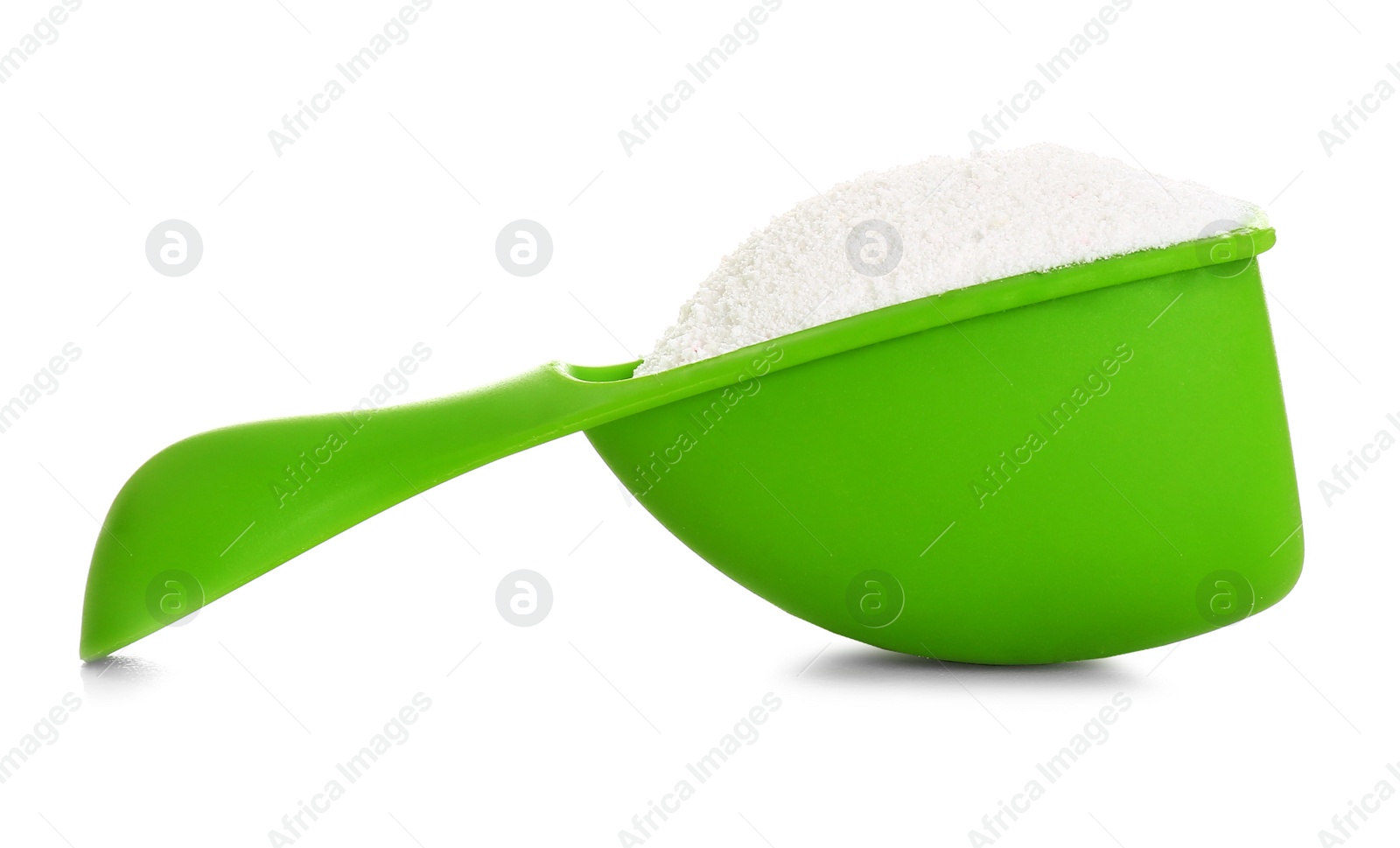 Photo of Scoop with laundry detergent on white background