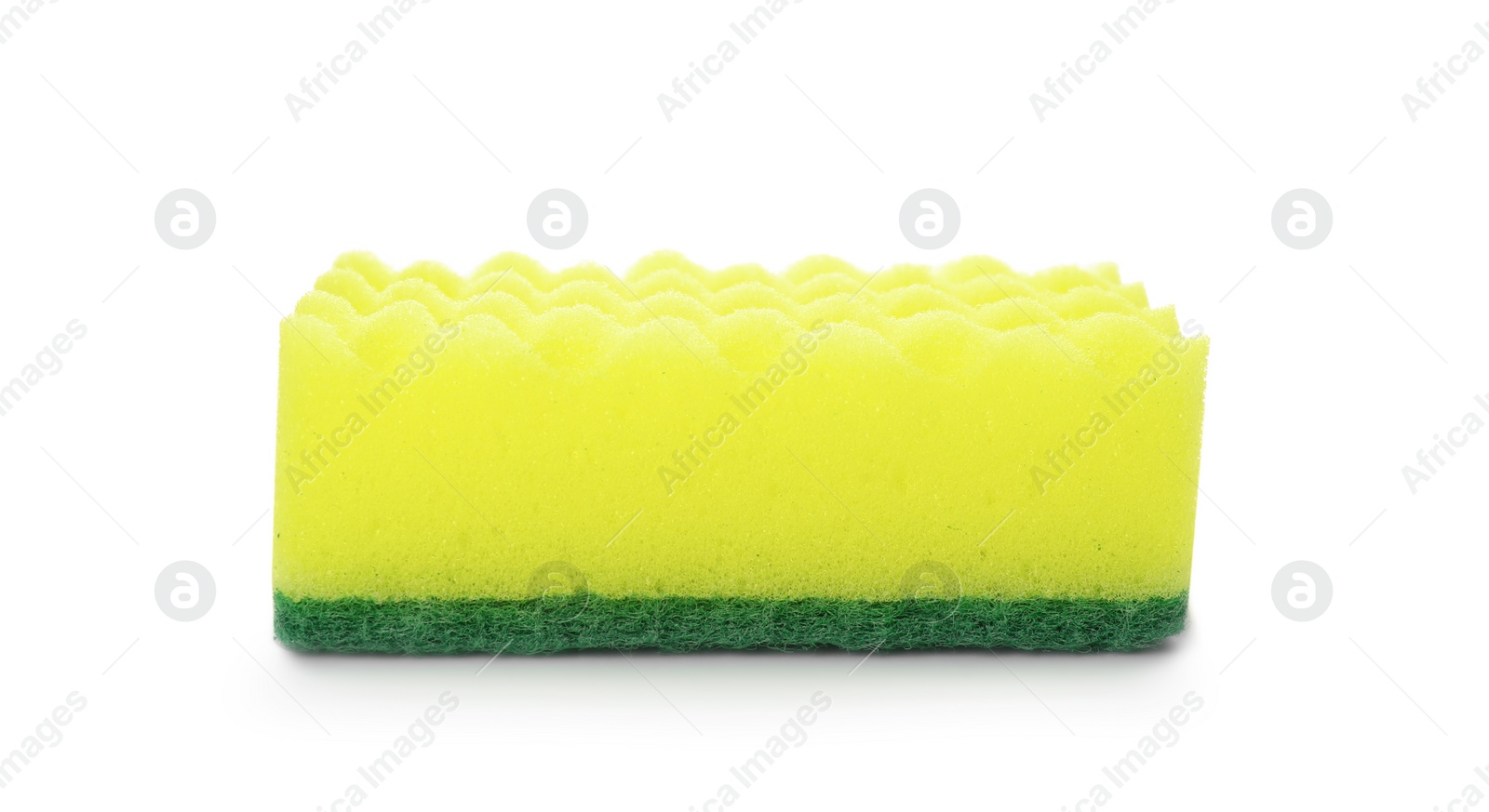 Photo of Yellow cleaning sponge with abrasive green scourer isolated on white