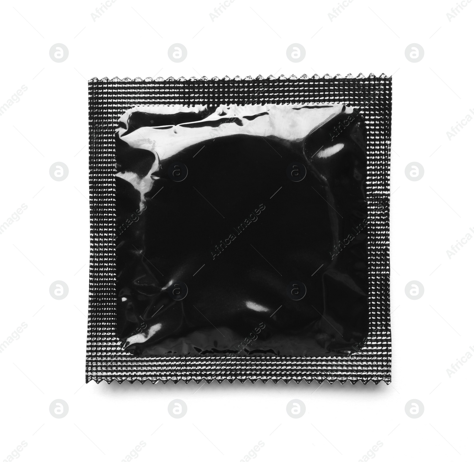 Image of Black condom package on white background, top view. Safe sex