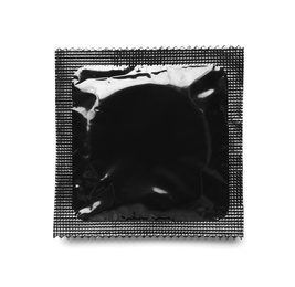 Image of Black condom package on white background, top view. Safe sex