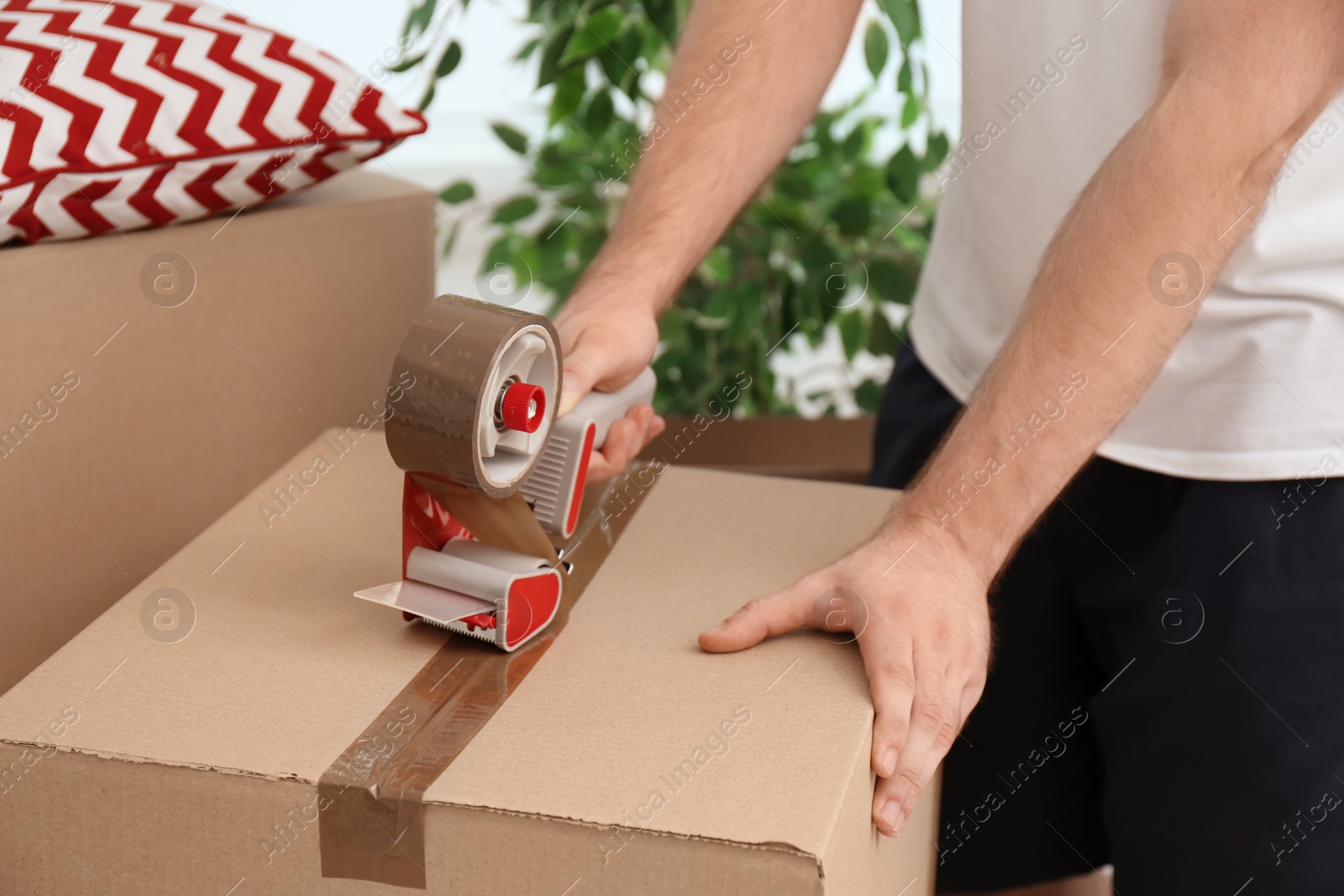 Photo of Man packing carton box indoors, closeup. Moving day