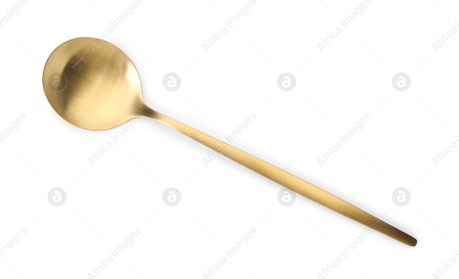 Photo of One shiny golden spoon isolated on white, top view