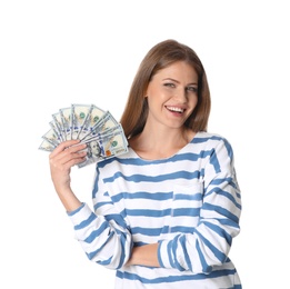 Photo of Portrait of happy young woman with money on white background