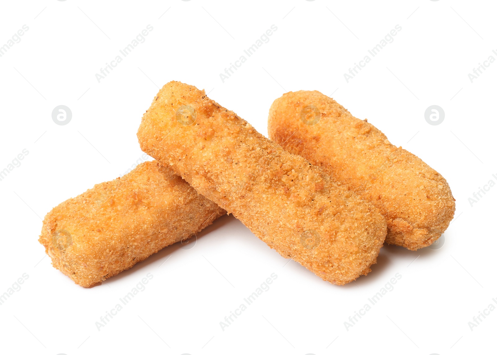 Photo of Tasty crispy cheese sticks on white background