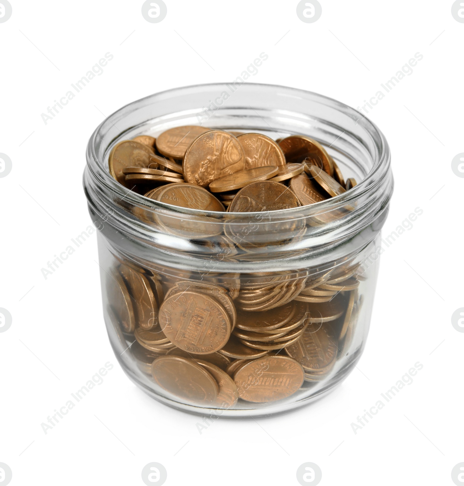 Photo of Glass jar with coins isolated on white