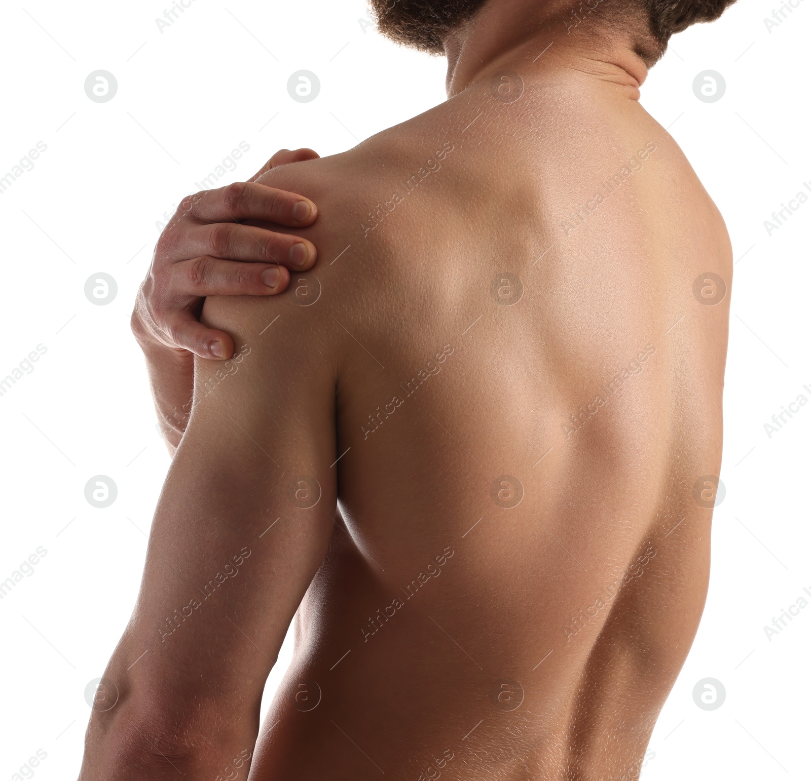 Photo of Man with muscular body on white background, closeup