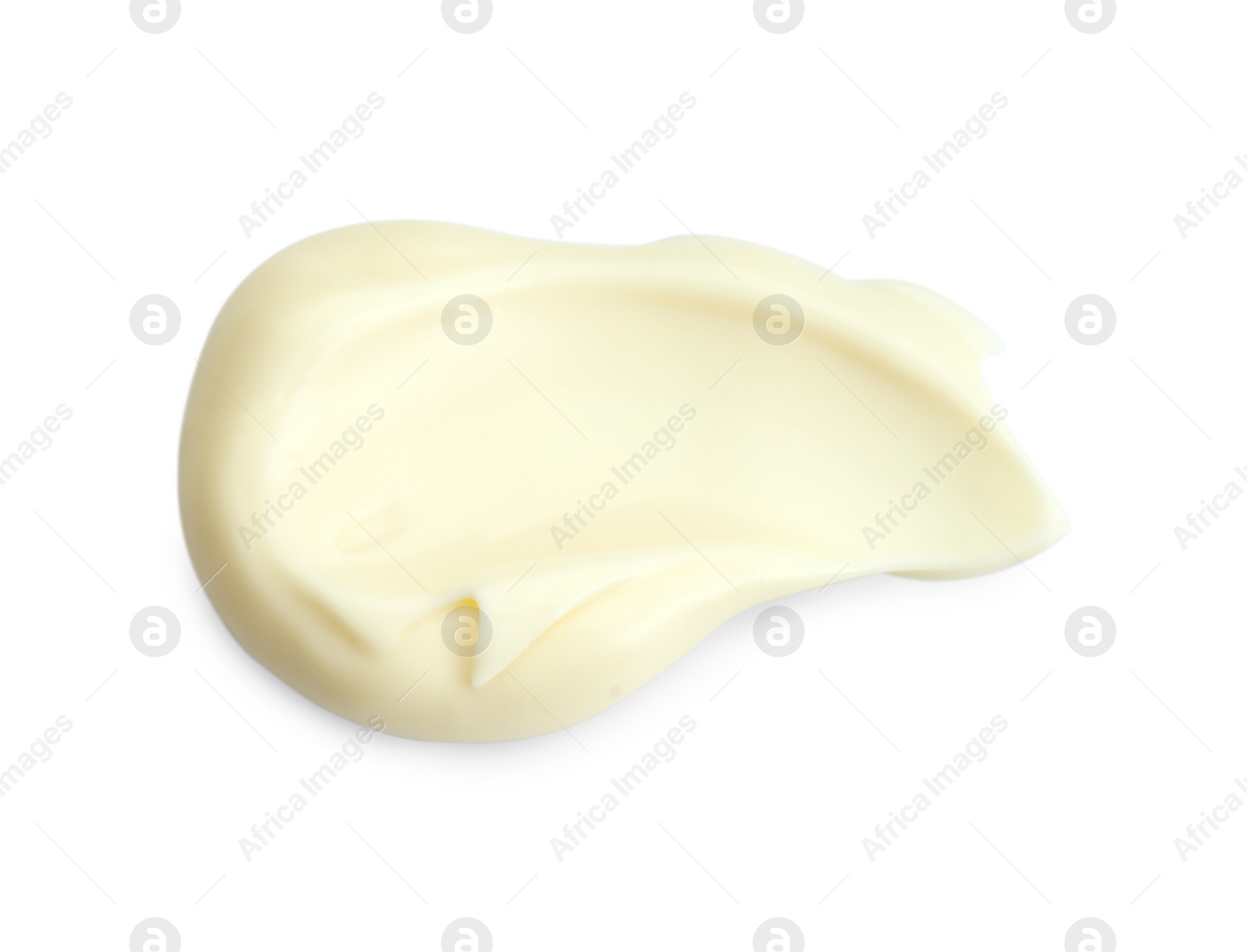 Photo of Tasty fresh mayonnaise sauce isolated on white, top view