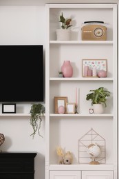 TV set, fireplace and stylish shelves with decorative elements and houseplants near white wall. Interior design