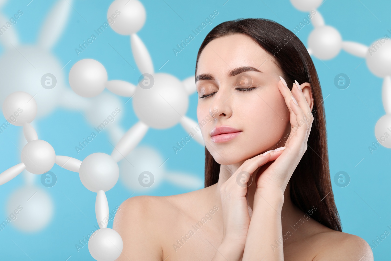 Image of Beautiful woman with perfect healthy skin and molecular model on light blue background. Innovative cosmetology
