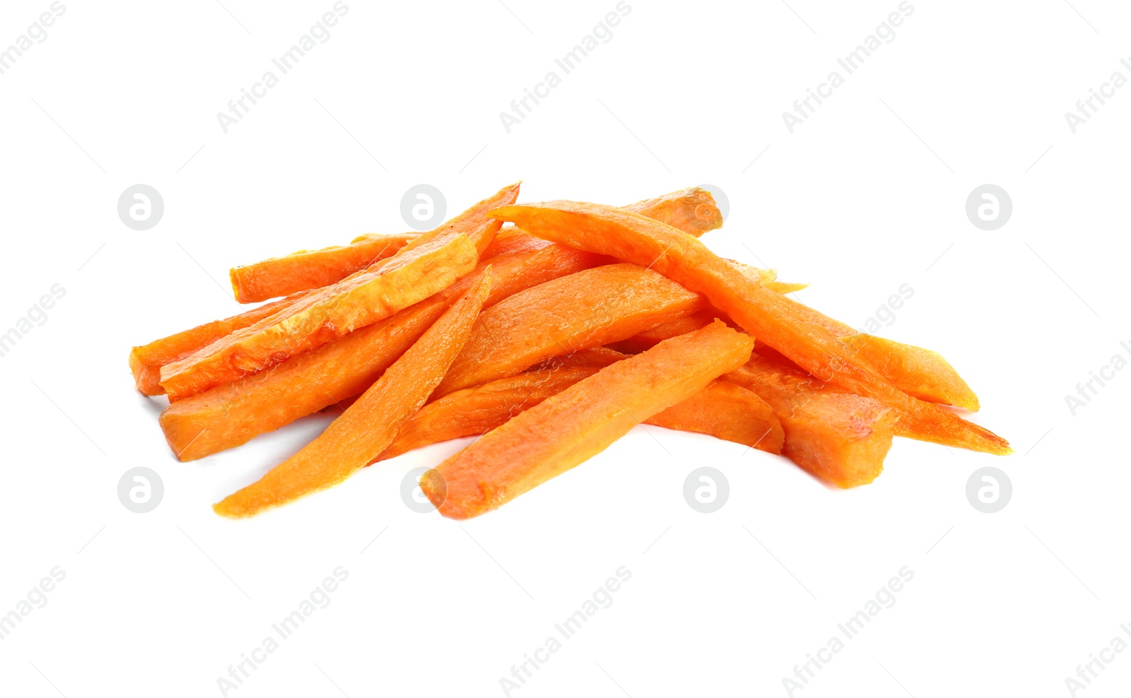 Photo of Tasty sweet potato fries on white background