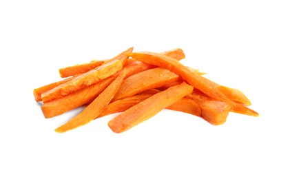 Tasty sweet potato fries on white background