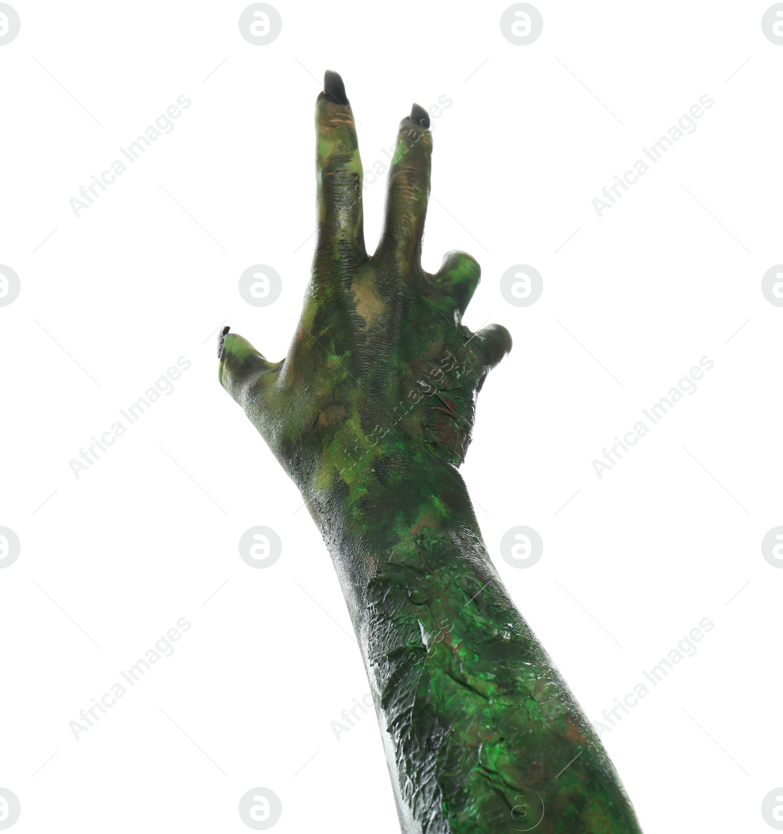 Photo of Scary monster on white background, closeup of hand. Halloween character