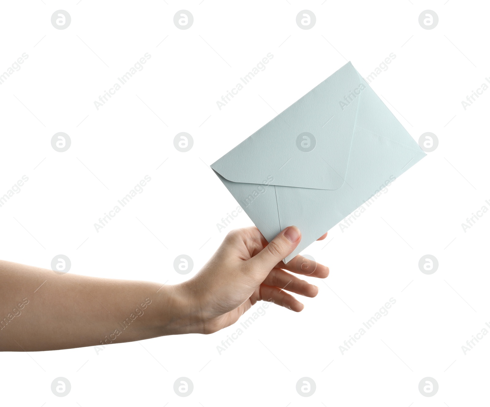 Photo of Woman holding paper envelope on white background, closeup