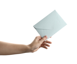 Woman holding paper envelope on white background, closeup