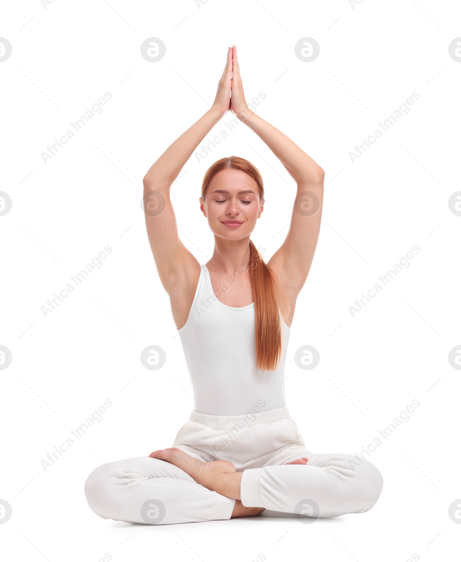 Photo of Beautiful young woman practicing yoga on white background. Lotus pose