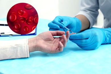 Doctor taking blood sample from patient's finger at table in clinic, closeup
