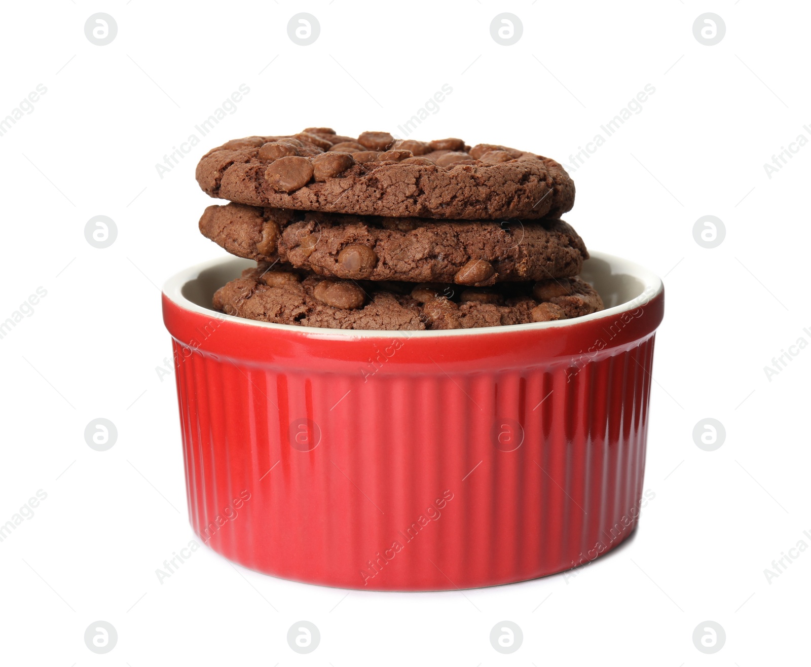 Photo of Delicious chocolate chip cookies in bowl isolated on white