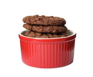 Delicious chocolate chip cookies in bowl isolated on white