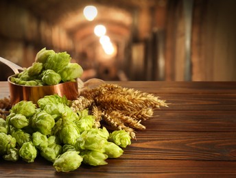 Image of Fresh hops and wheat spikes on wooden table in beer cellar, space for text