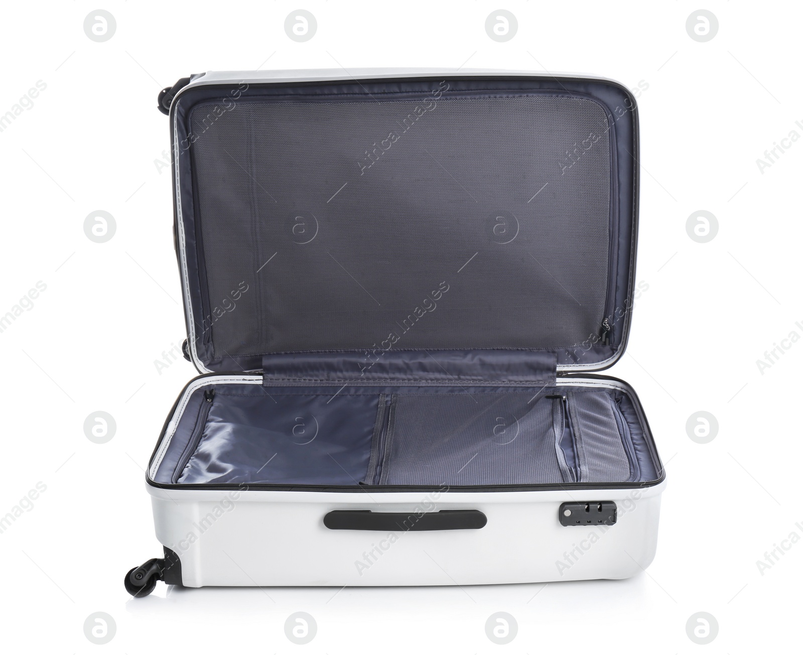 Photo of Open suitcase for travelling on white background