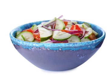 Photo of Fresh tasty salad with cucumber in bowl on white background