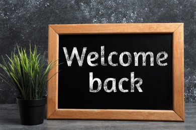 Image of Small chalkboard with phrase Welcome Back and houseplant on table