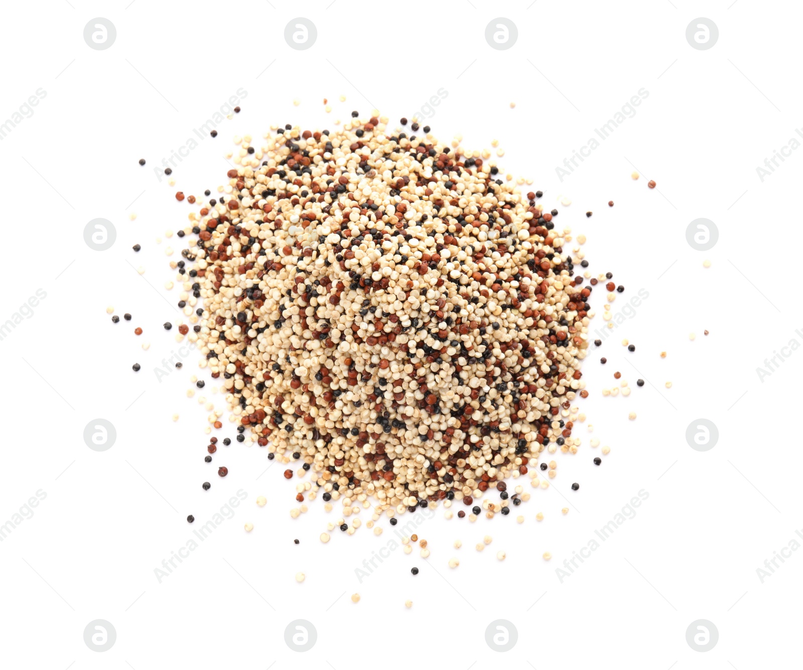 Photo of Pile of mixed quinoa seeds on white background, top view