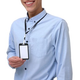 Man with blank badge on white background, closeup