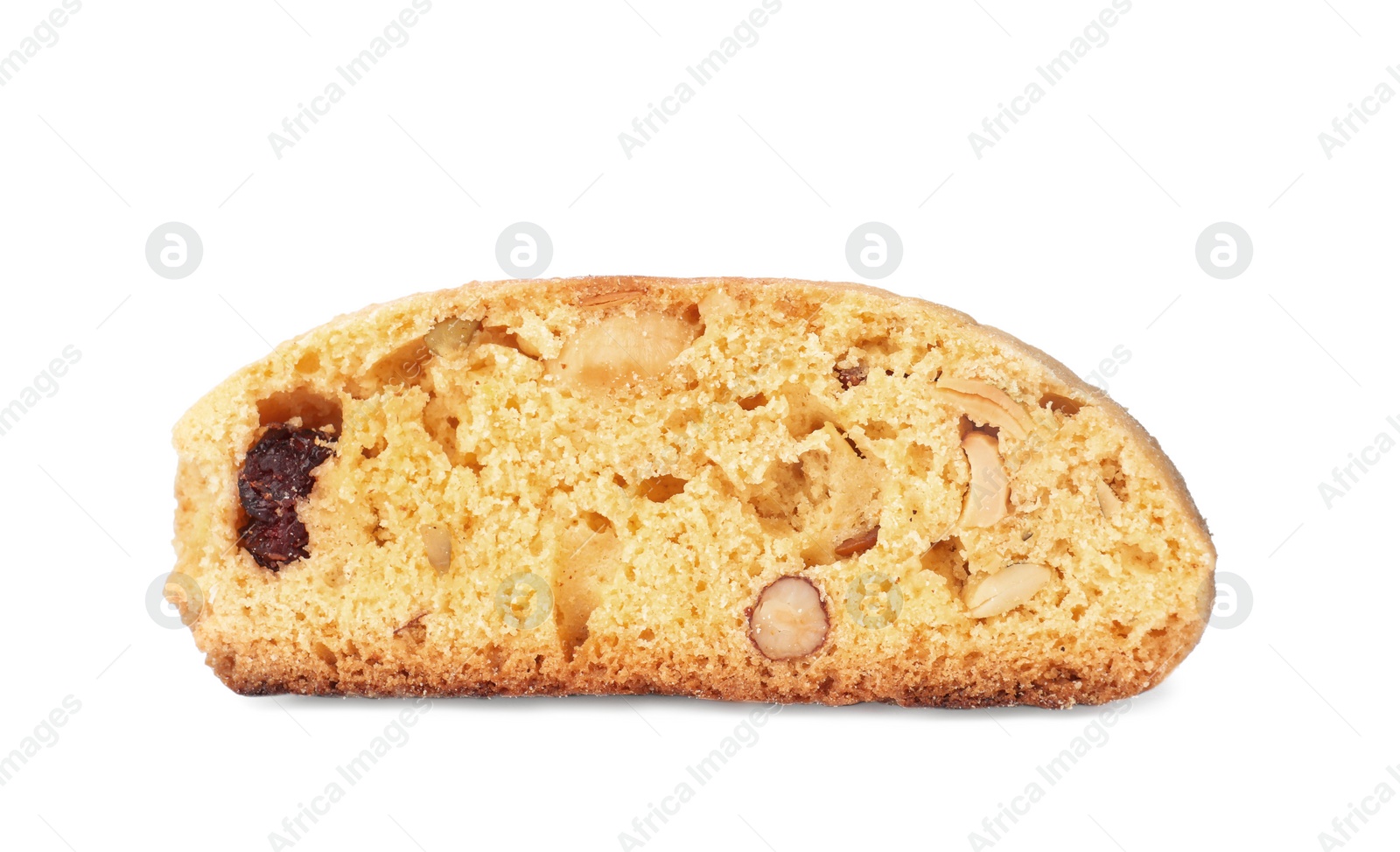 Photo of Slice of tasty cantucci with berry and pistachio isolated on white. Traditional Italian almond biscuits