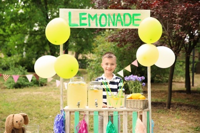 Photo of Little boy at lemonade stand in park