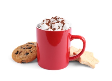 Photo of Cup of tasty cocoa with marshmallows and cookies on white background