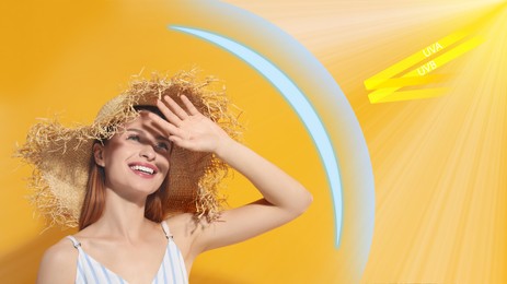 Sun protection product (sunscreen) as barrier against UVA and UVB, banner design. Beautiful young woman in straw hat shading herself with hand on orange background