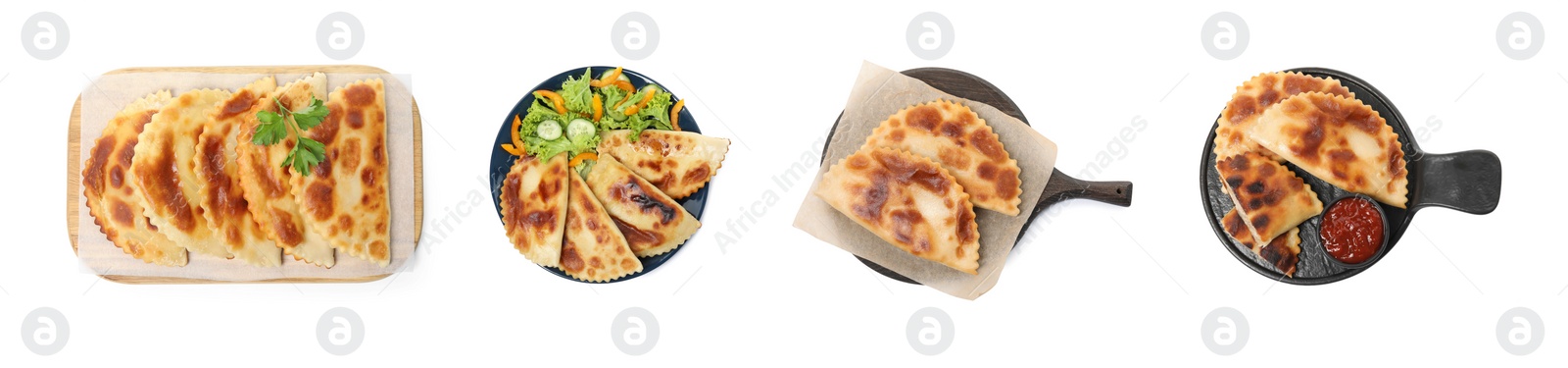 Image of Set with delicious fried chebureki on white background, top view. Banner design